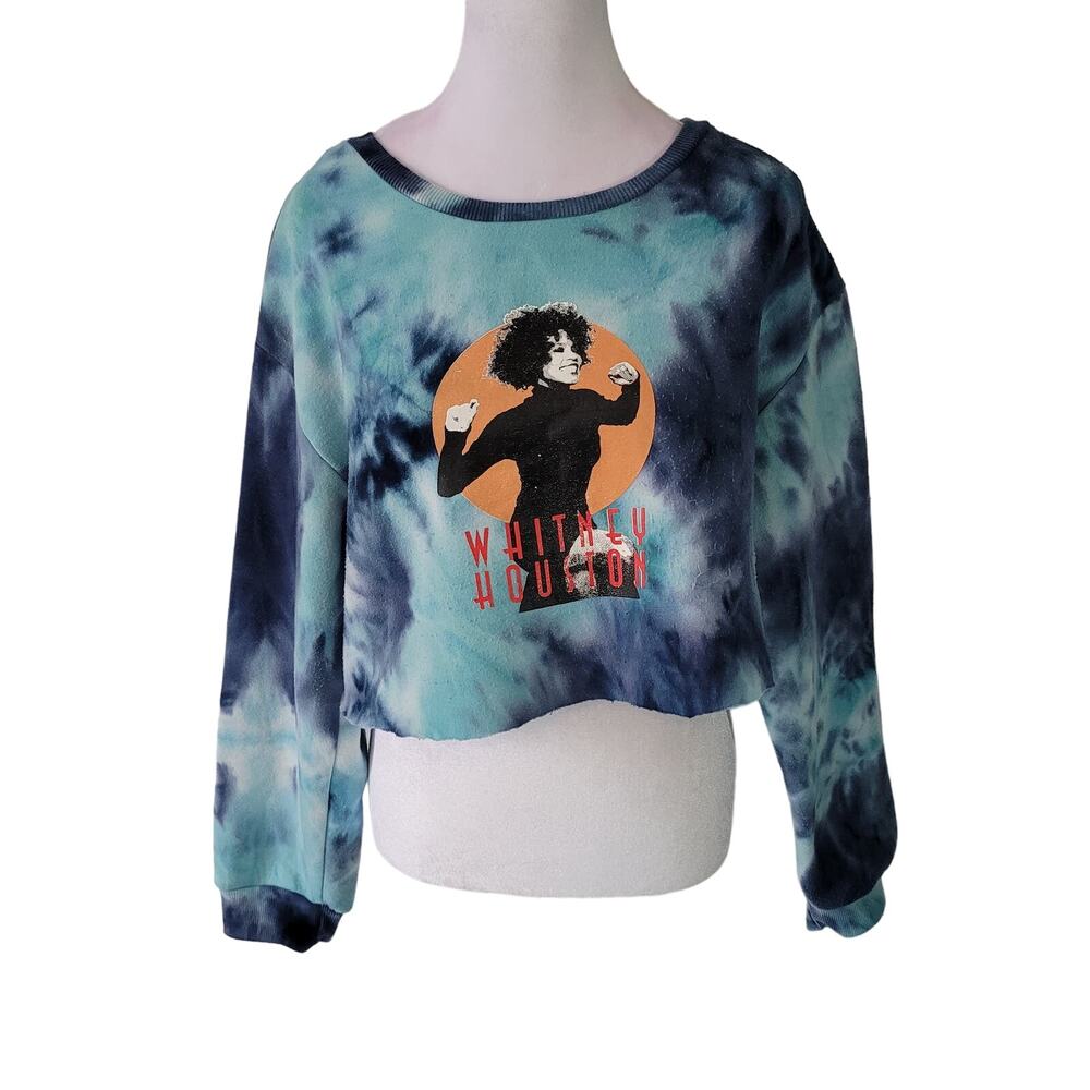 Whitney Houston	Size	L Blue Tie-Dye Crop Crewneck‎ Sweatshirt Band Tee 90sw